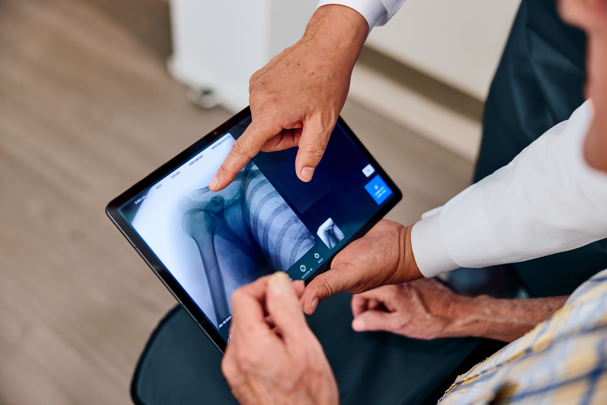 Shoulder X-ray shown on a tablet from the MC2 portable X-ray machine.